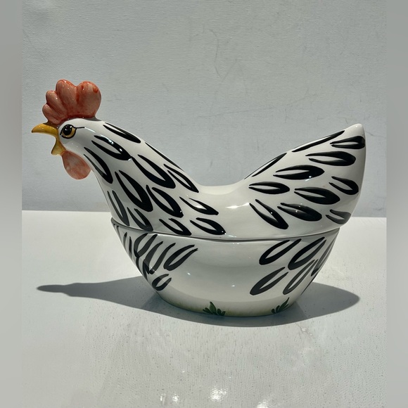 Vintage Rooster Dish Italy Oval Covered Egg Bowl Butter Dish Hand Painted Rare - Picture 1 of 16